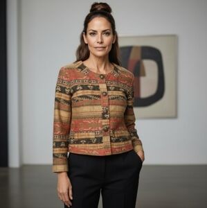 Chico's Aztec Print Jacket Southwestern Tapestry Button Up Size 3